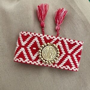 Red and White Woven Bracelet with San Benito Gold Medallion